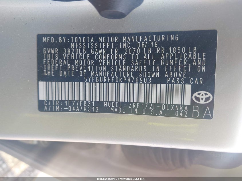 2019 Toyota Corolla VIN 5YFBURHE0KP876903 IAAI salvage auction — FRONT END, Salvage Title, sold $3,200 on 2026-08-02 (photo 9)