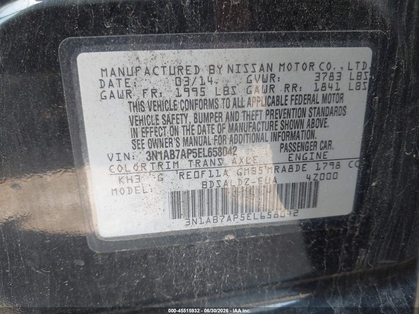 2014 Nissan Sentra VIN 3N1AB7AP5EL658042 IAAI salvage auction — NORMAL WEAR, Original (Ohio), sold $300 on 2026-07-18 (photo 9)