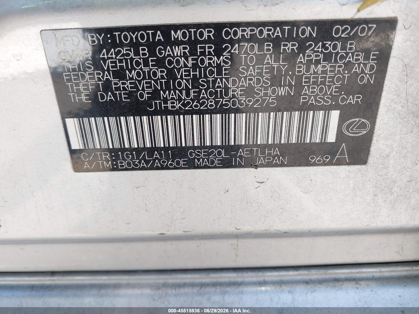 2007 Lexus Is 250 VIN JTHBK262875039275 IAAI salvage auction — NORMAL WEAR, Clear - Dealer Only (California), sold $475 on 2026-07-29 (photo 9)