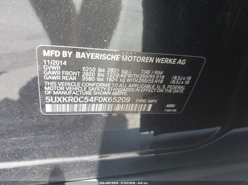 2015 BMW X5 VIN 5UXKR0C54F0K65209 IAAI salvage auction — FRONT END, Rebuildable (Florida), sold $1,400 on 2026-07-29 (photo 9)