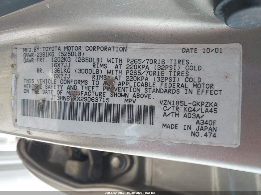 2002 Toyota 4runner VIN JT3HN87RX29063715 IAAI salvage auction — NORMAL WEAR, Clear (Missouri), sold $1,850 on 2026-07-28 (photo 9)