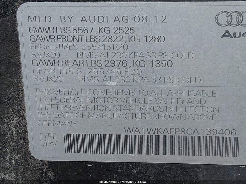 2012 Audi Q5 VIN WA1WKAFP9CA139406 IAAI salvage auction — REAR END, Salvage (Nevada), sold $1,150 on 2026-07-24 (photo 9)