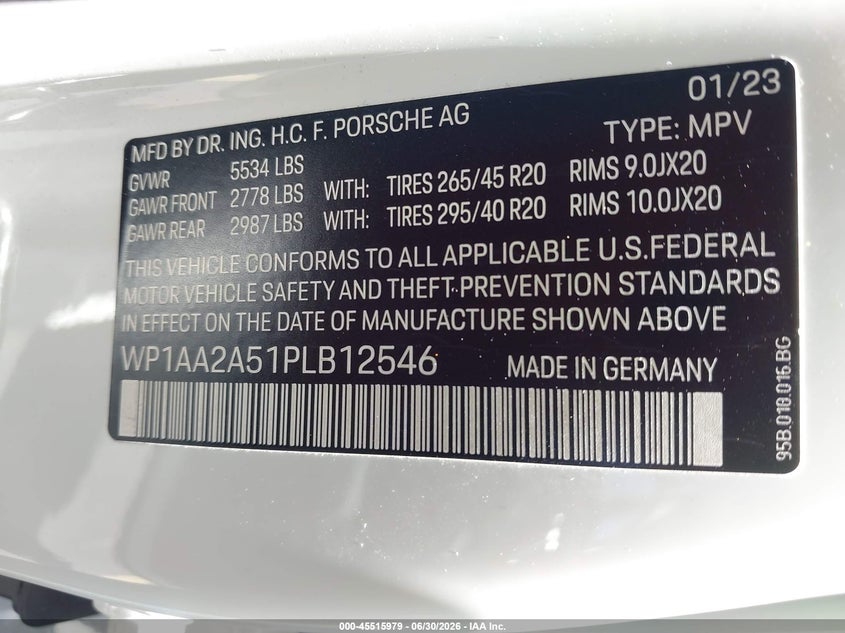 2023 Porsche Macan VIN WP1AA2A51PLB12546 IAAI salvage auction — FRONT END, Salvage Title, sold $17,600 on 2026-08-15 (photo 9)