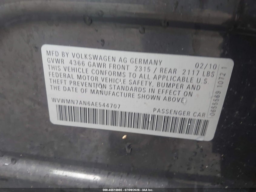 2010 Volkswagen Cc VIN WVWMN7AN6AE544707 IAAI salvage auction — NORMAL WEAR, Clear (Kansas), sold $1,000 on 2026-07-15 (photo 9)