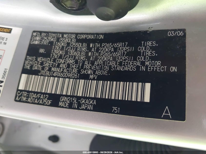 2006 Toyota 4runner VIN JTEBU14RX60098261 IAAI salvage auction — NORMAL WEAR, Clear (Illinois), sold $4,100 on 2026-07-13 (photo 9)