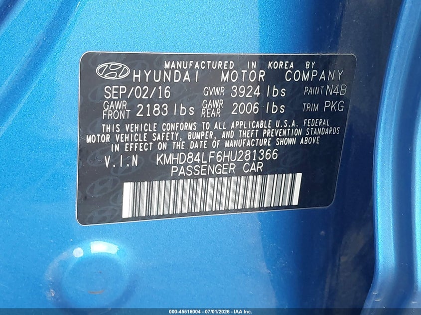 2017 Hyundai Elantra VIN KMHD84LF6HU281366 IAAI salvage auction — FRONT & REAR, Rebuildable (Florida), sold $1,800 on 2026-07-14 (photo 9)