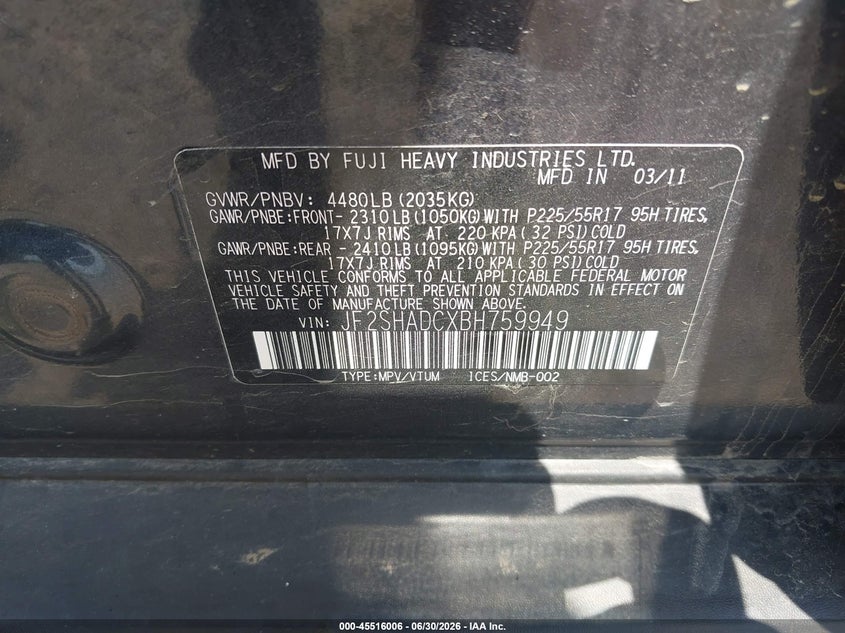 2011 Subaru Forester VIN JF2SHADCXBH759949 IAAI salvage auction — RIGHT SIDE, Salvage (Pennsylvania), sold $25 on 2026-07-21 (photo 9)