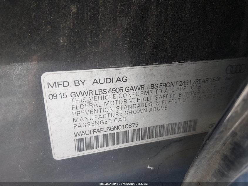 2016 Audi A4 VIN WAUFFAFL6GN010879 IAAI salvage auction — FRONT END, Salvage Title, sold $2,400 on 2026-07-22 (photo 9)