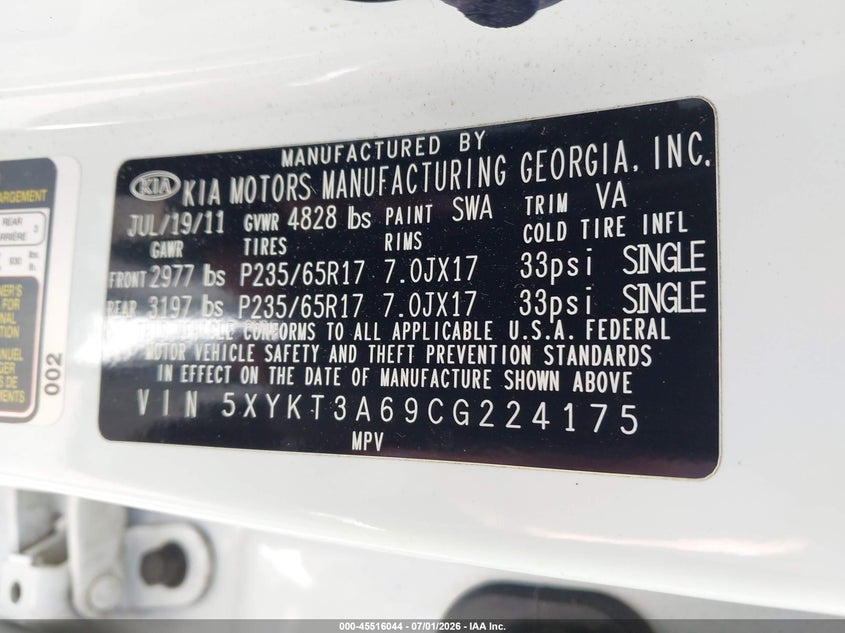 2012 Kia Sorento VIN 5XYKT3A69CG224175 IAAI salvage auction — NORMAL WEAR, Clear (Virginia), sold $825 on 2026-07-07 (photo 9)