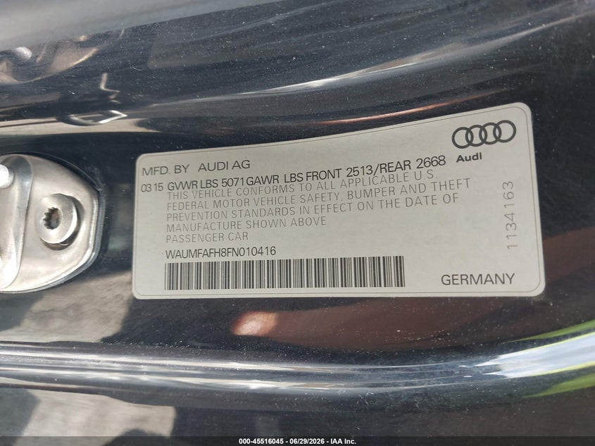 2015 Audi A5 VIN WAUMFAFH8FN010416 IAAI salvage auction — NORMAL WEAR, Clear (Virginia), sold $600 on 2026-07-24 (photo 9)