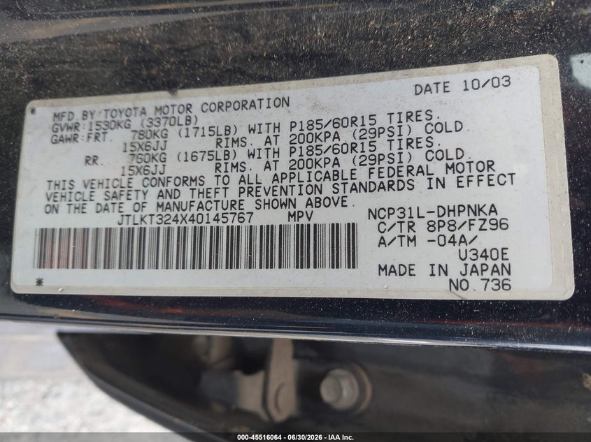 2004 Scion Xb VIN JTLKT324X40145767 IAAI salvage auction — NORMAL WEAR, App For Dup Clear (California), sold $300 on 2026-07-28 (photo 9)