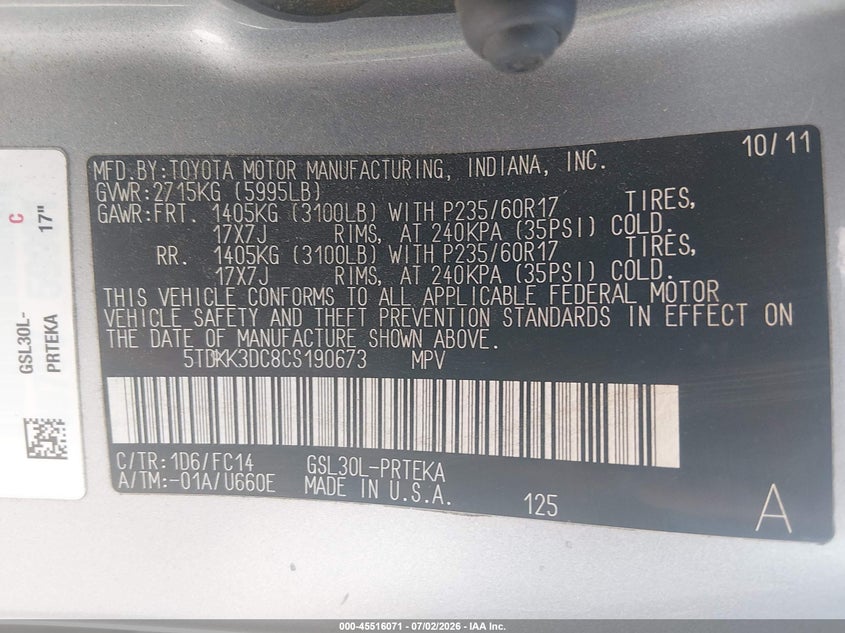 2012 Toyota Sienna VIN 5TDKK3DC8CS190673 IAAI salvage auction — FRONT END, Salvage (Arkansas), sold $1,550 on 2026-07-29 (photo 9)
