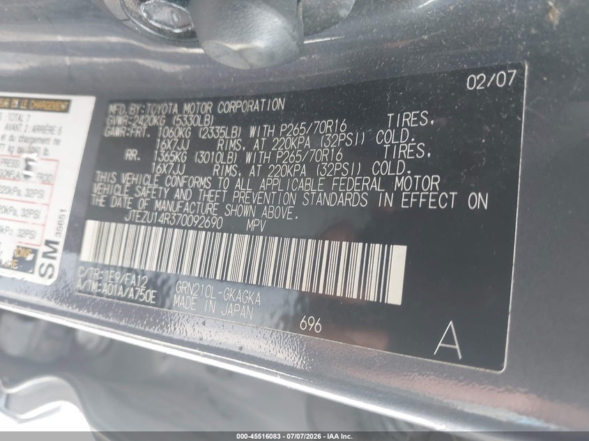 2007 Toyota 4runner VIN JTEZU14R370092690 IAAI salvage auction — NORMAL WEAR, Clear-Endorsement (Wisconsin), sold $550 on 2026-07-28 (photo 9)