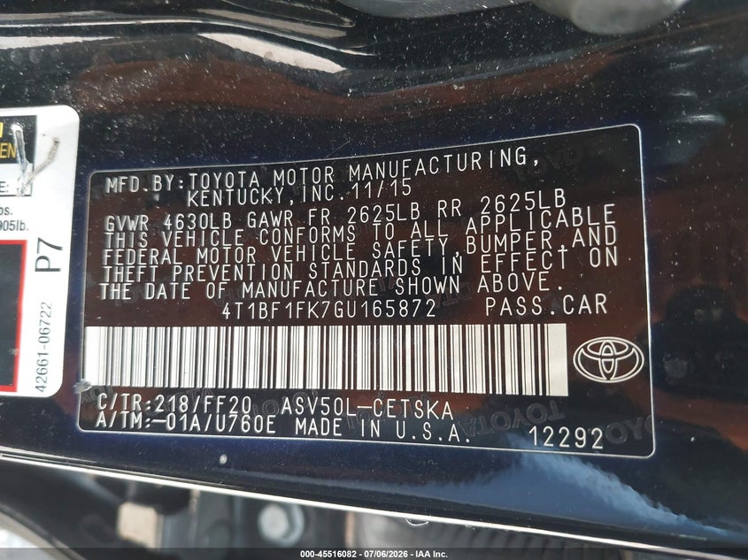 2016 Toyota Camry VIN 4T1BF1FK7GU165872 IAAI salvage auction — FRONT END, Salvage Title, sold $3,550 on 2026-07-31 (photo 9)