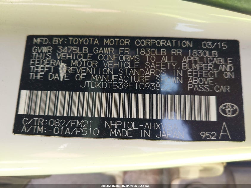 2015 Toyota Prius c VIN JTDKDTB39F1093822 IAAI salvage auction — FRONT END, Mv-907A (New York), sold $925 on 2026-07-23 (photo 9)