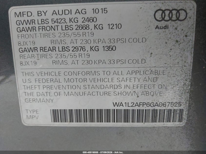 2016 Audi Q5 VIN WA1L2AFP6GA067525 IAAI salvage auction — FRONT END, Salvage Title, sold $1,750 on 2026-09-01 (photo 9)