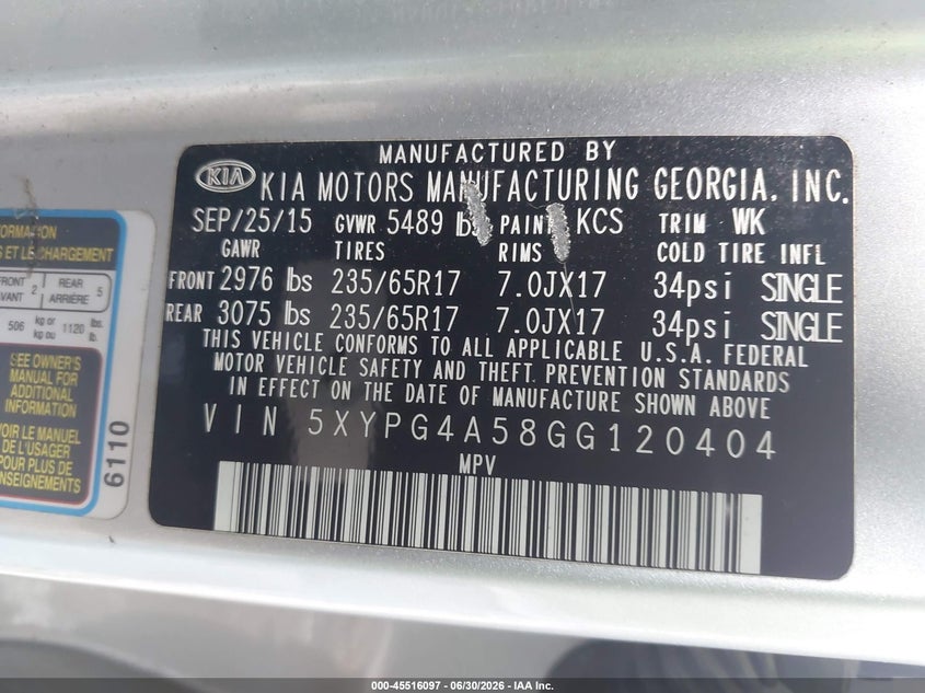 2016 Kia Sorento VIN 5XYPG4A58GG120404 IAAI salvage auction — NORMAL WEAR, Clear (Virginia), sold $1,475 on 2026-07-07 (photo 9)