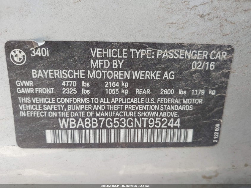 2016 BMW 3er VIN WBA8B7G53GNT95244 IAAI salvage auction — NORMAL WEAR, Salvage Title, sold $8,925 on 2026-08-11 (photo 9)