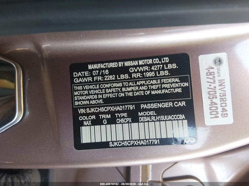 2017 Infiniti Qx30 VIN SJKCH5CPXHA017791 IAAI salvage auction — FRONT END, Salvage (Arizona), sold $575 on 2026-07-28 (photo 9)