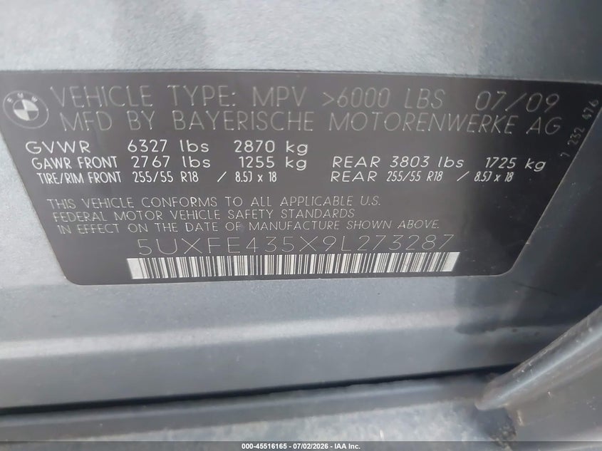 2009 BMW X5 VIN 5UXFE435X9L273287 IAAI salvage auction — NORMAL WEAR, Clear (Indiana), sold $1,525 on 2026-07-08 (photo 9)