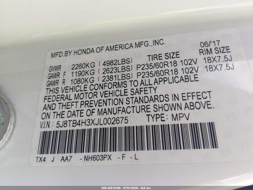 2018 Acura Rdx VIN 5J8TB4H3XJL002675 IAAI salvage auction — FRONT END, Salvage Title, sold $25 on 2026-08-02 (photo 9)