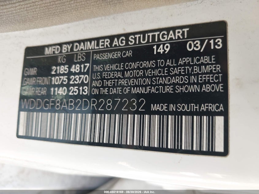 2013 Mercedes-benz C-klasse VIN WDDGF8AB2DR287232 IAAI salvage auction — NORMAL WEAR, Clear (Virginia), sold $1,500 on 2026-07-13 (photo 9)