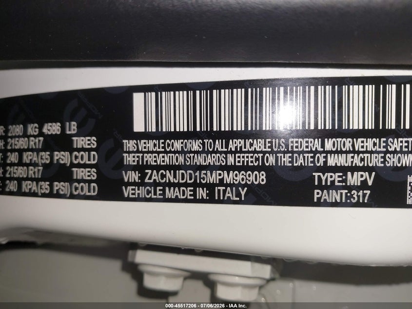 2021 Jeep Renegade VIN ZACNJDD15MPM96908 IAAI salvage auction — ROLLOVER, Salvage Title, sold $425 on 2026-08-05 (photo 9)
