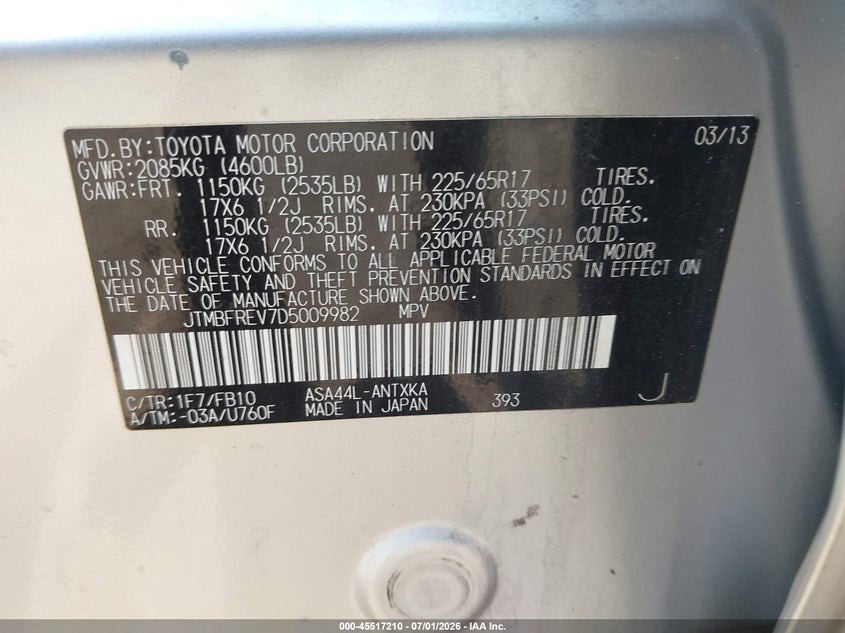 2013 Toyota Rav 4 VIN JTMBFREV7D5009982 IAAI salvage auction — REAR END, Salvage Title, sold $3,850 on 2026-07-09 (photo 9)