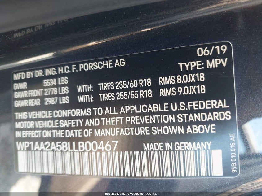 2020 Porsche Macan VIN WP1AA2A58LLB00467 IAAI salvage auction — FRONT END, Clear (South Carolina), sold $8,000 on 2026-08-25 (photo 9)