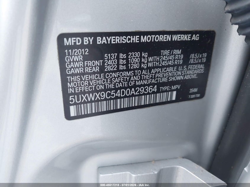 2013 BMW X3 VIN 5UXWX9C54D0A29364 IAAI salvage auction — NORMAL WEAR, Original (Kentucky), sold $700 on 2026-07-21 (photo 9)