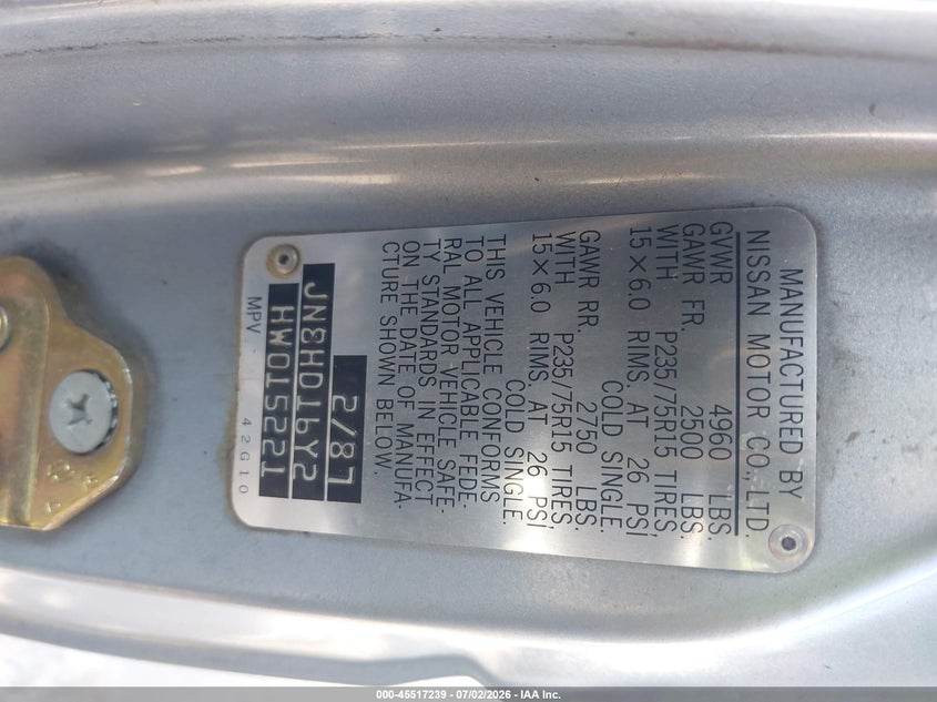 1987 Nissan Pathfinder VIN JN8HD16Y2HW015221 IAAI salvage auction — NORMAL WEAR, Clear (Tennessee), sold $675 on 2026-07-28 (photo 9)