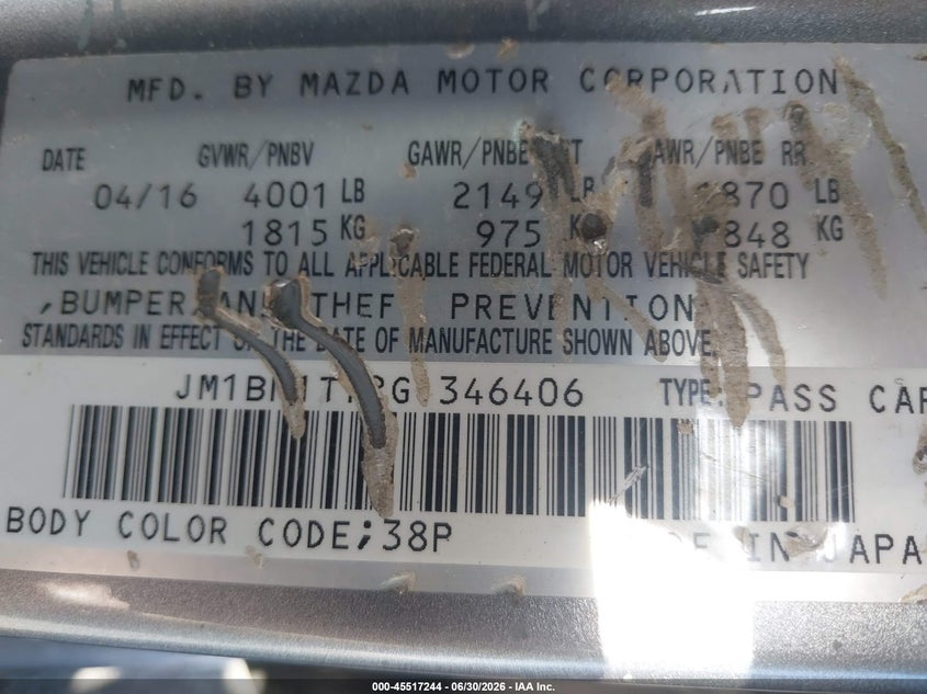 2016 Mazda 3 VIN JM1BM1T72G1346406 IAAI salvage auction — RIGHT FRONT, Salvage Title, sold $525 on 2026-07-27 (photo 9)