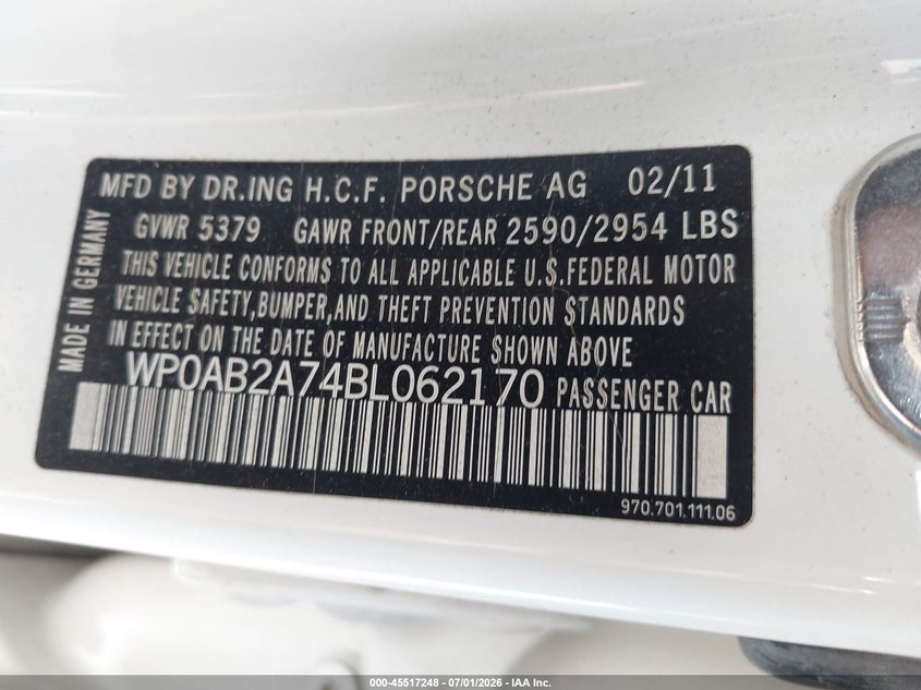 2011 Porsche Panamera VIN WP0AB2A74BL062170 IAAI salvage auction — NORMAL WEAR, Clear (Montana), sold $2,200 on 2026-07-15 (photo 9)