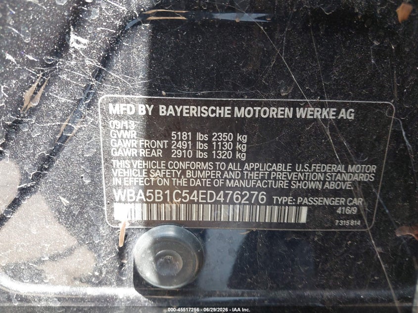 2014 BMW 5er VIN WBA5B1C54ED476276 IAAI salvage auction — NORMAL WEAR, Clear - Dealer Only (California), sold $425 on 2026-07-29 (photo 9)