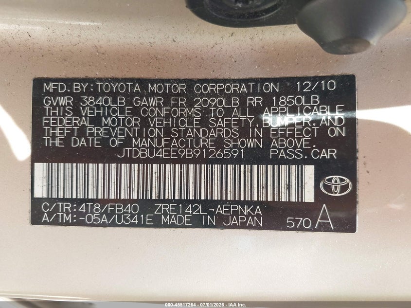 2011 Toyota Corolla VIN JTDBU4EE9B9126591 IAAI salvage auction — FRONT END, Salvage (Missouri), sold $1,100 on 2026-08-02 (photo 9)