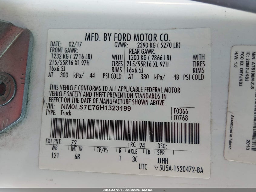 2017 Ford Transit VIN NM0LS7E76H1323199 IAAI salvage auction — FRONT END, Rebuildable (Florida), sold $1,500 on 2026-07-23 (photo 9)