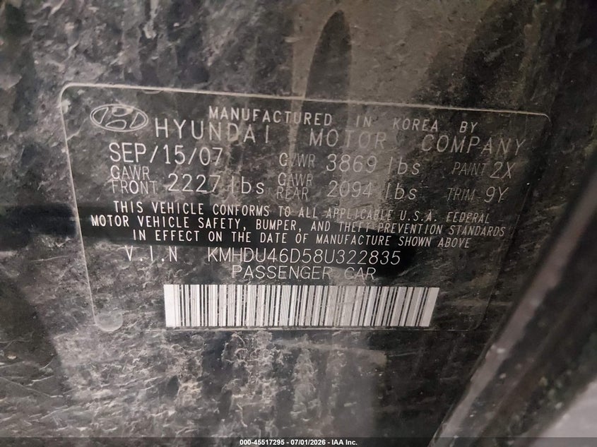 2008 Hyundai Elantra VIN KMHDU46D58U322835 IAAI salvage auction — FRONT END, Parts Only Bos (Minnesota), sold $25 on 2026-07-21 (photo 9)