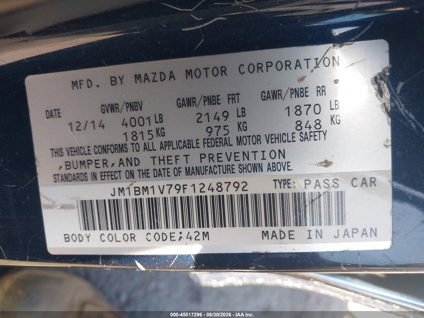 2015 Mazda 3 VIN JM1BM1V79F1248792 IAAI salvage auction — LEFT FRONT, Salvage (California), sold $25 on 2026-07-29 (photo 9)