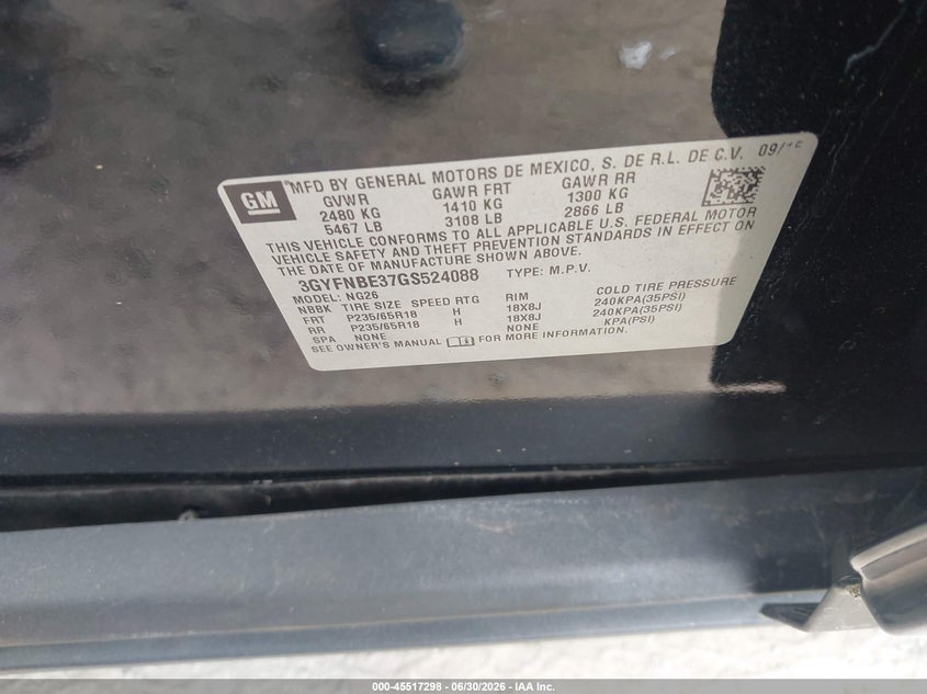 2016 Cadillac Srx VIN 3GYFNBE37GS524088 IAAI salvage auction — FRONT END, Clear (Virginia), sold $1,000 on 2026-07-11 (photo 9)