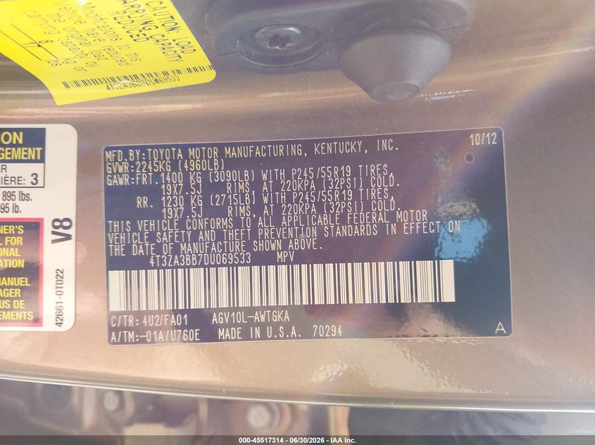 2013 Toyota Venza VIN 4T3ZA3BB7DU069533 IAAI salvage auction — BIO HAZARD, Salvage (Pennsylvania), sold $1,900 on 2026-07-23 (photo 9)