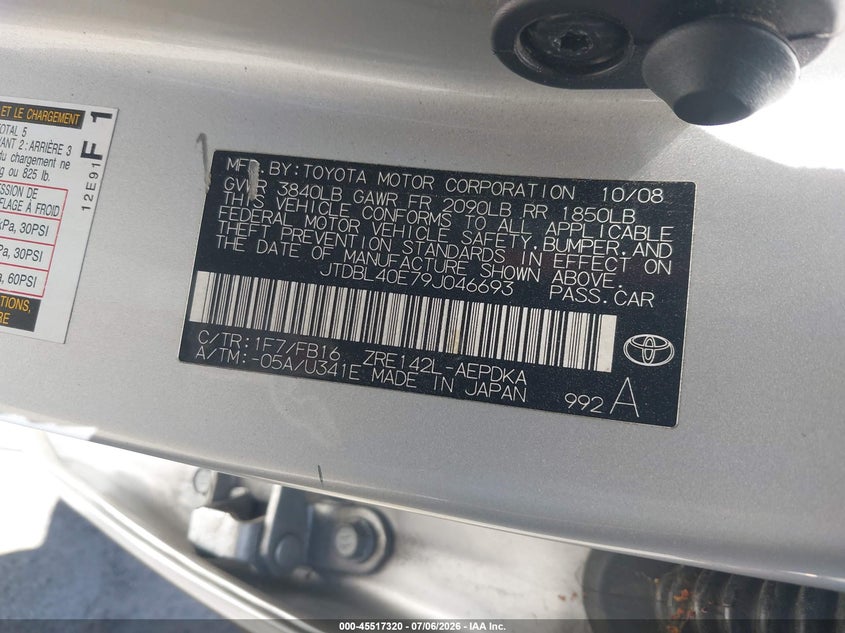 2009 Toyota Corolla VIN JTDBL40E79J046693 IAAI salvage auction — FRONT END, Salvage (California), sold $25 on 2026-07-21 (photo 9)