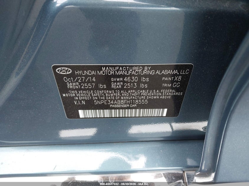 2015 Hyundai Sonata VIN 5NPE34AB8FH118555 IAAI salvage auction — LEFT & RIGHT, Salvage Certificate (California), sold $1,775 on 2026-07-31 (photo 9)