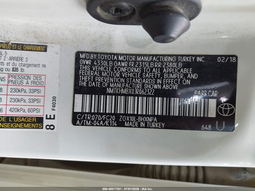 2018 Toyota C-hr VIN NMTKHMBX0JR062322 IAAI salvage auction — RIGHT FRONT, Salvage (Pennsylvania), sold $4,300 on 2026-07-23 (photo 9)