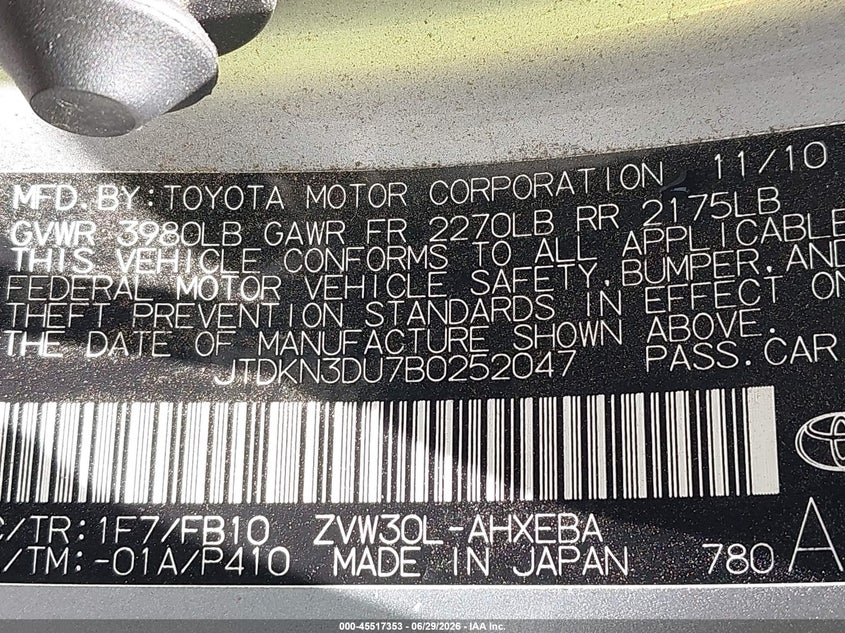 2011 Toyota Prius VIN JTDKN3DU7B0252047 IAAI salvage auction — NORMAL WEAR, Clear - Dealer Only (California), sold $1,100 on 2026-07-29 (photo 9)