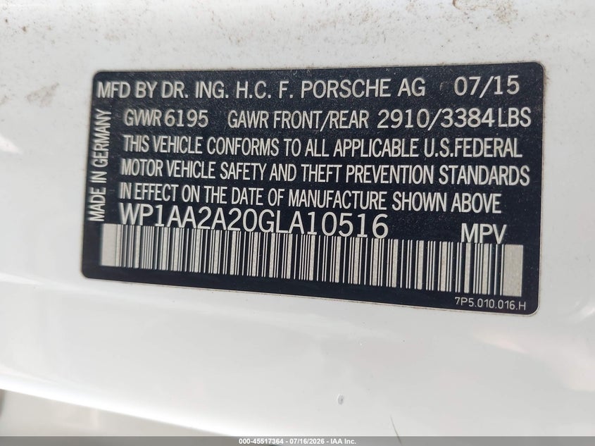 2016 Porsche Cayenne VIN WP1AA2A20GLA10516 IAAI salvage auction — UNKNOWN, Salvage (Pennsylvania), sold $3,200 on 2026-07-31 (photo 9)
