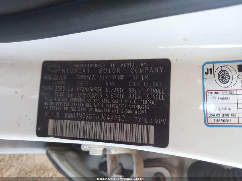 2005 Hyundai Tucson VIN KM8JN72D25U042440 IAAI salvage auction — NORMAL WEAR, Clear (Arizona), sold $325 on 2026-07-28 (photo 9)
