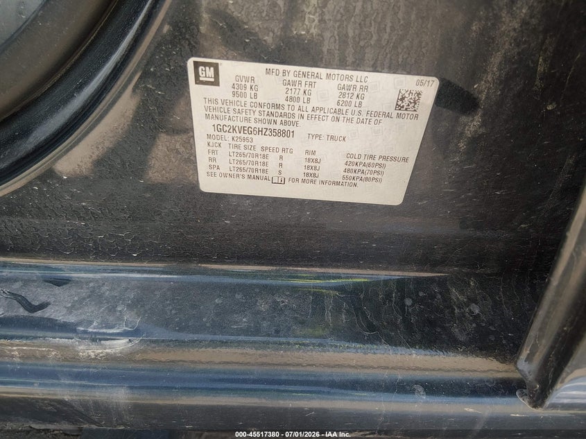 2017 Chevrolet Silverado VIN 1GC2KVEG6HZ358801 IAAI salvage auction — FRONT END, Salvage (Iowa), sold $3,750 on 2026-07-28 (photo 9)