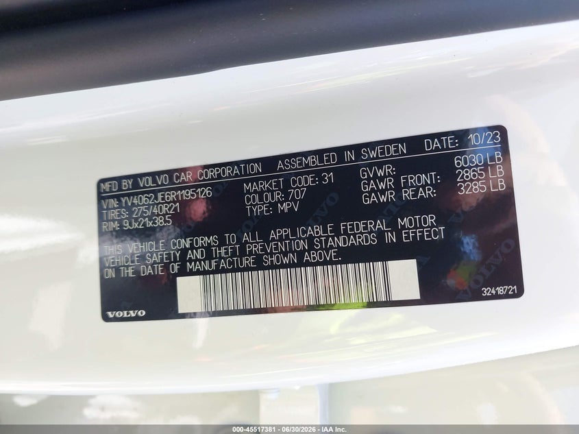 2024 Volvo Xc90 VIN YV4062JE6R1195126 IAAI salvage auction — REAR END, Wait Title, sold $14,700 on 2026-08-15 (photo 9)