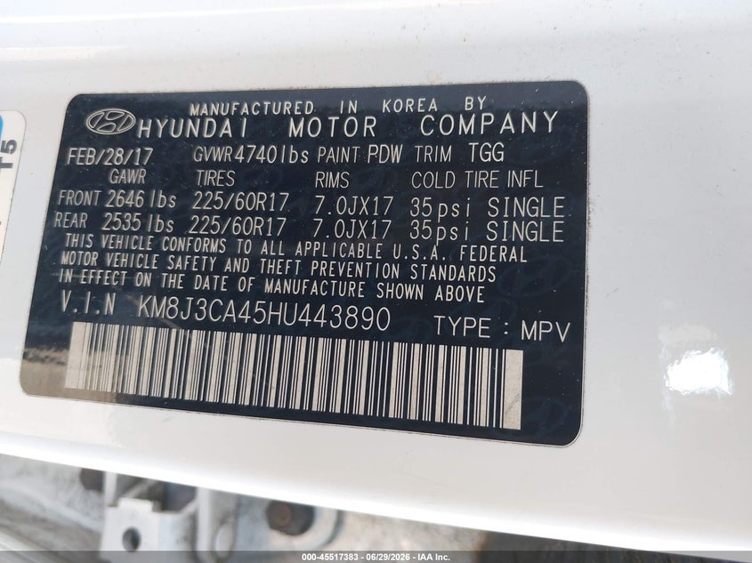 2017 Hyundai Tucson VIN KM8J3CA45HU443890 IAAI salvage auction — NORMAL WEAR, Salvage Title, sold $2,300 on 2026-07-28 (photo 9)