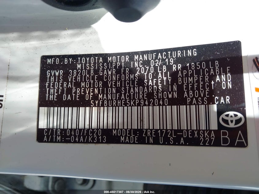 2019 Toyota Corolla VIN 5YFBURHE5KP942040 IAAI salvage auction — FRONT END, Salvage Title, sold $1,550 on 2026-07-16 (photo 9)